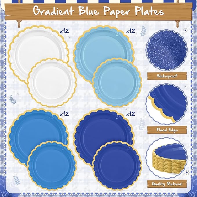Mimorou 338 Pcs Royal Blue and Gold Party Supplies for 48 Guests, Gradient Blue Scalloped Paper Plates Napkins Cups Gold Cutlery for Ocean Sea Graduation Baby Shower Birthday Wedding Party Decorations