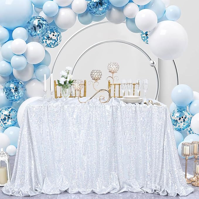 B-COOL Rectangle Sequin Tablecloth Laser Silver Table Cloth Glitter Fabric 90x132 Inch for Wedding Party Dining Banquet Tablecloths Decoration
