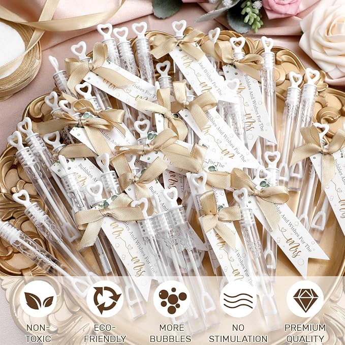 405 Pcs Wedding Send Off Bubble Ideas Set Include Heart Bubble Wands Gift Tags Cards Wood Photo Frame Ribbons Wedding Send Off Party Favors for Guests(Champagne Gold)