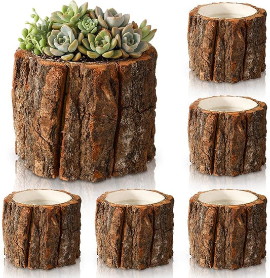 6 Pcs Wooden Vase for Centerpieces Wedding Flower Table Centerpieces Woodland Party Decor Rustic Farmhouse Bark Stump Buckets Vintage Planter Pots for Garden Baby Shower Window Home (Small)