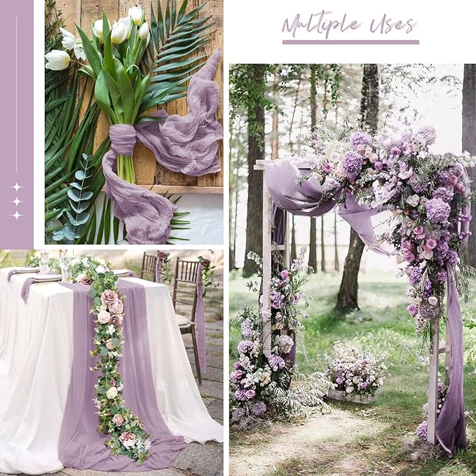 Showgeous 6 Pack Purple Cheesecloth Table Runner, 10FT Long Semi-Sheer Boho or Rustic Gauze Table Runner Wedding Table Decor for Wedding Decor Arch Draping Bridal Shower Holiday Party