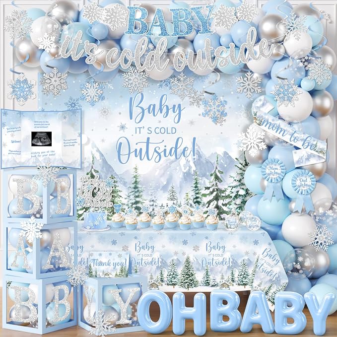 Baby It’s Cold Outside Baby Shower Decorations, Blue Winter Baby Shower Decorations for Boy Winter Woodland Tablecloth Banner Backdrop Balloon Box Cupcake Topper Hanging Swirl for Boy Gender Reveal