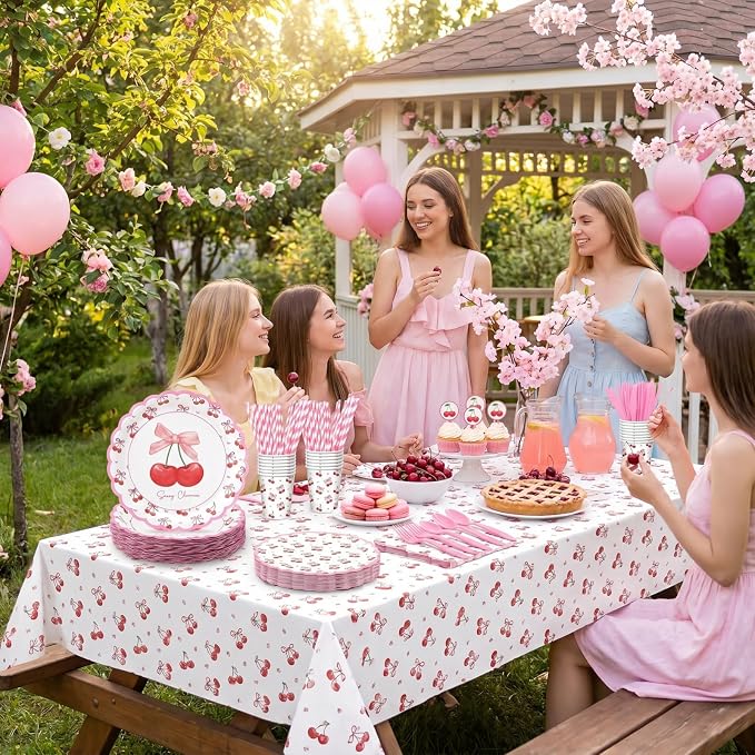 Vesici 452 Pcs Cherry Birthday Party Supplies Pink Cherry Bow Disposable Tableware Set Includes Plates Cups Napkins Tablecloth and Cutlery for Girls Baby Shower Bridal Shower Wedding, Serve 50 Guests