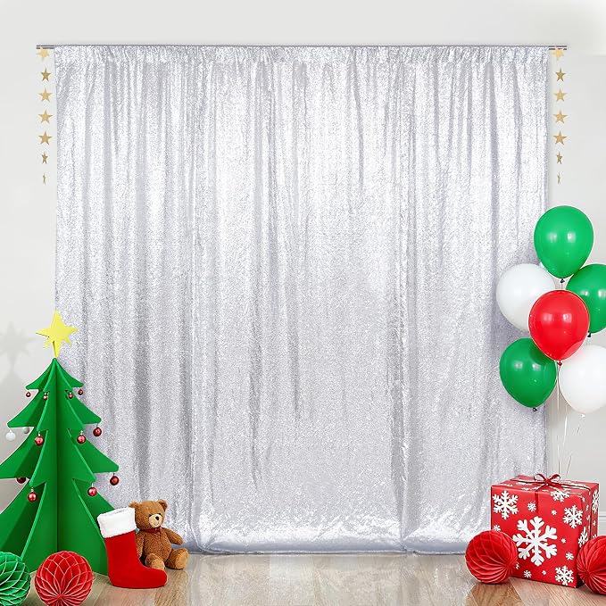 SquarePie 6x6ft Silver Sequin Backdrop for Photography, Satin-Backed Real Sequin Curtain, Enhanced Coverage Shimmering Background with 4" Rod Pocket for Wedding, Birthday, Party Decor, 1 Panel