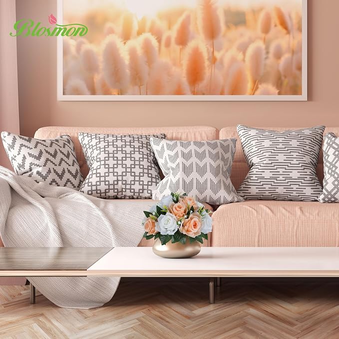 BLOSMON Rose Flower Balls Centerpieces: 6pcs Peach Fuzz Artificial Flowers | 9.5 Inch Fake Rose Floral Arrangements for Wedding Table - Faux Silk Kissing Bouquet with Base Party DIY Decorations
