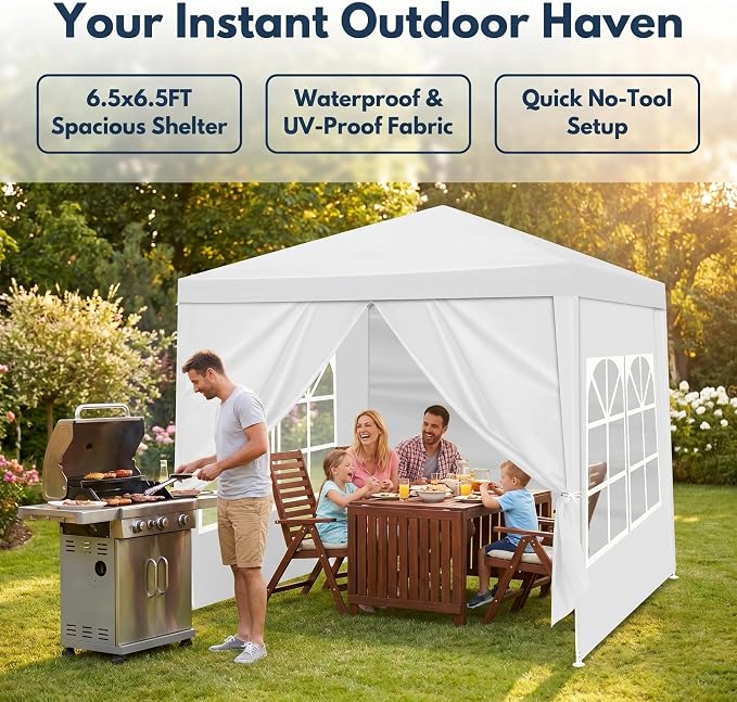 6.5x6.5FT Canopy Tent, Portable Heavy Duty Outdoor Tent with 4 Removable Sidewalls, Waterproof Party, Camping, Picnic & Backyard Shelter, White