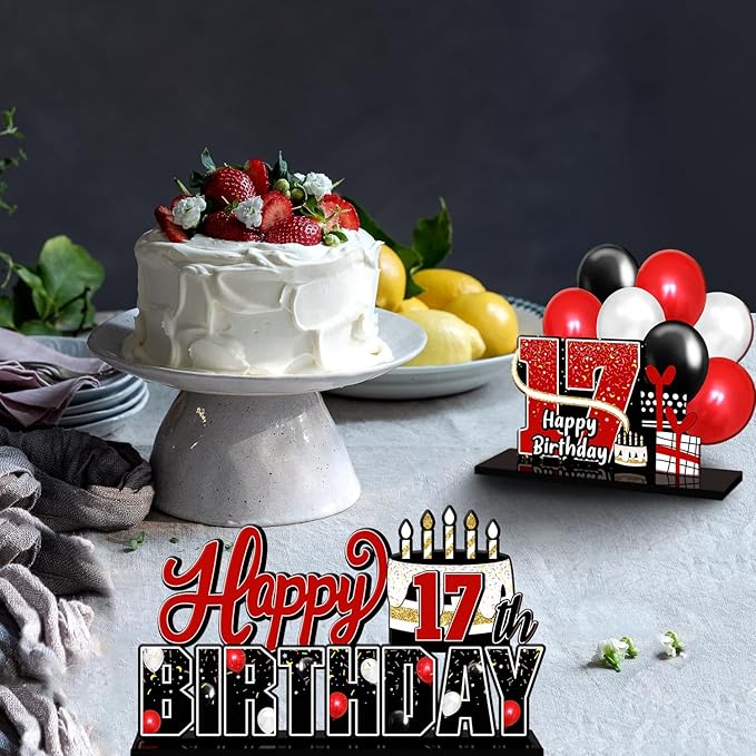 LINGTEER Happy 17th Birthday Red Acrylic Table Topper Centerpieces Set - Cheers to Seventeen Years Old Birthday 17th Bday Party Gift Decorations.