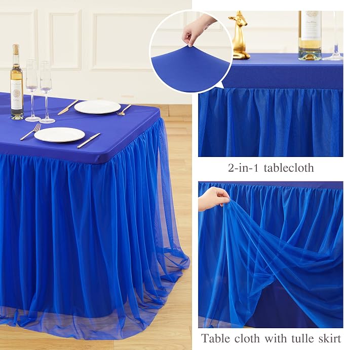 Royal Blue Fitted Tablecloth Rectangle 6 Foot Stretch Elastic Tulle Ruffle Tablecloths Rectangular Spandex Table Covers 6ft Birthday Baby Shower Wedding Party Table Cloths with Skirt 4Pack