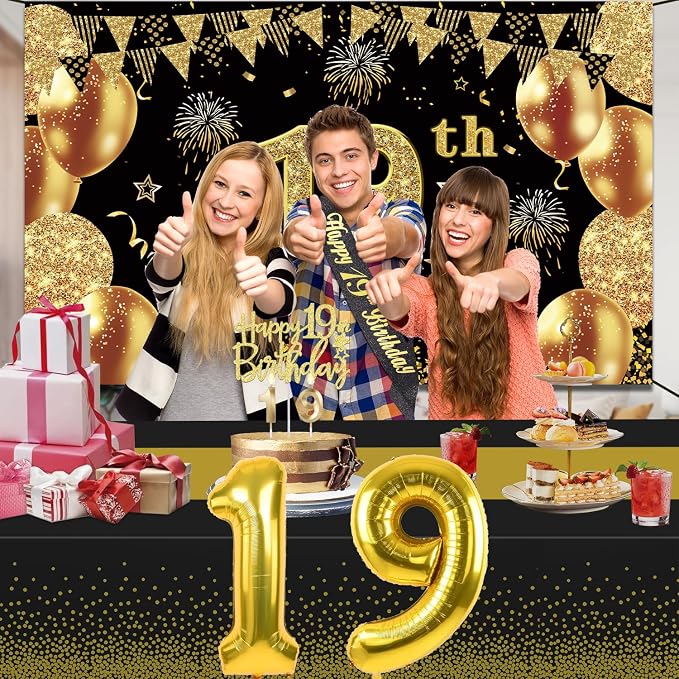 19th Birthday Decorations for Him Her with 19th Birthday Banner, Black and Gold Table Cloth, Number Balloons, Large Sash, Cake Topper and Candles
