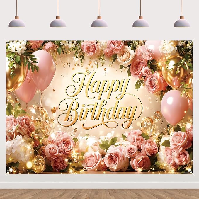 Happy Birthday Backdrop Banner For Women Girls Princess Pink Floral Flower Wall Rose Gold Balloon Party Decorations Photography Background Supplies Decor Fabric Photo Booth Props 7x5ft