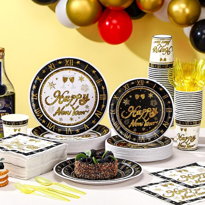 Mimorou 400 Pcs Happy New Year Disposable Tableware Set Black Gold Clock Paper Plates Napkins Cups Plastic Spoons Forks Knives New Year Eve Party Dinnerware Set for Christmas Lunar Years Party