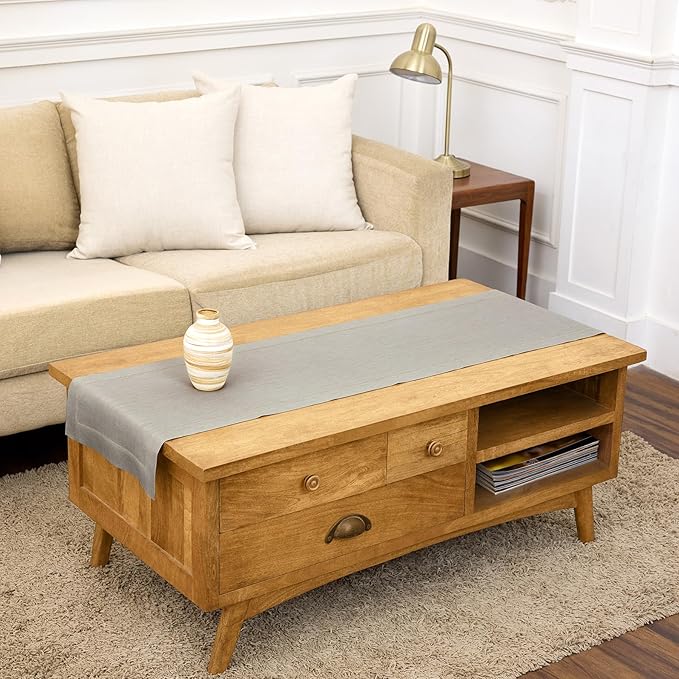 Solino Home Linen Natural Table Runner 48 Inches - Classic Hemstitch, 100% Pure Linen Coffee Table Runner 14 x 48 Inch Ideal for Dresser Tables - Spring, Summer, Mothers Day