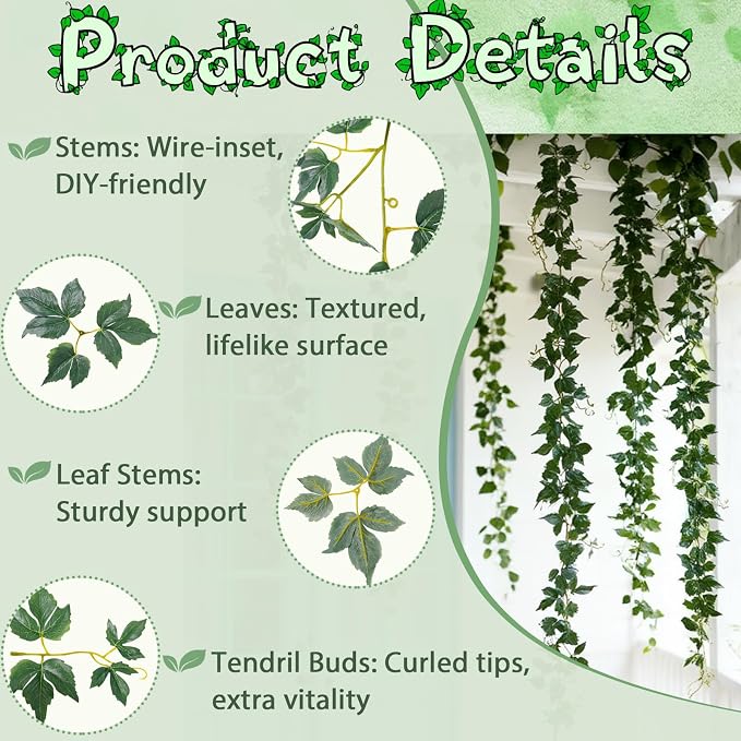 ucky Fake Vines, Eucalyptu Vines Garland, Ivy Vines, Green Artificial Wall Decor Hanging, Wedding Decoration，Flower Bouquet Decoration (4, Boston Vines)