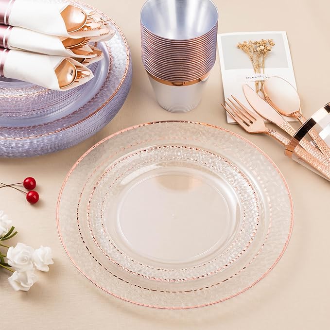 Bestluck 350PCS Clear Plastic Plates with Rose Gold Trim for 50 Guests, Disposable Dinnerware Set for Party, Wedding, Include 100 Plastic Plates, 50 Pre Rolled Napkins with Silverware, 50 Cups