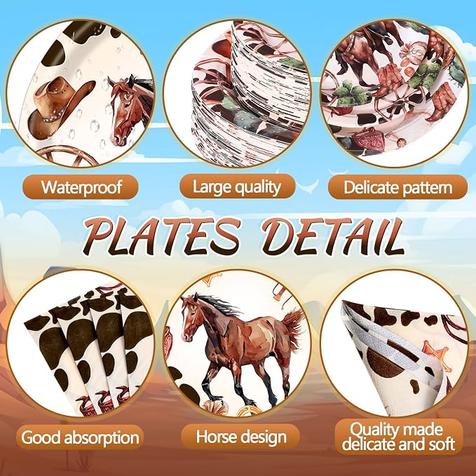 Potchen 452 Pcs Party Supplies Serve 50 Guests, Paper Plates Napkins Cups Cutlery Plastic Tablecloth Dinnerware for Birthday Wedding Party Decoration(Multicolor, Western Cowboy)