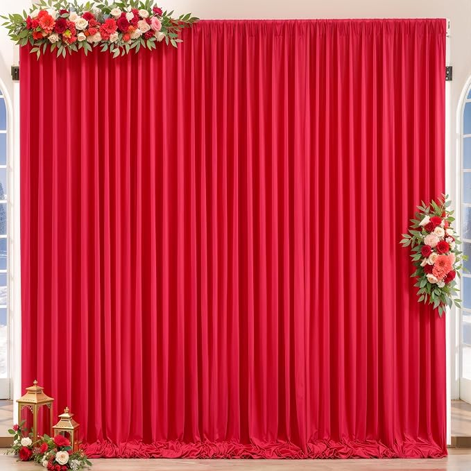 Red Backdrop Curtains 10 Panels-Wrinkle-Free Polyester Photography Drapes Party Photo Backgrounds for Wedding Christmas Photo Backdrops- 40 X10FT