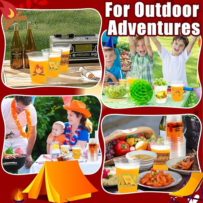 Camping Party Decorations Cups, 100 Pcs 12Oz Bulk Disposable Drinking Camping Theme Plastic Cups for BBQ Coffee Tea Beverage Backyard Birthday Shower Wedding Party Decorations Favors
