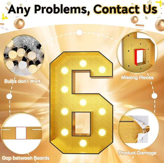 Number 6 Marquee, 4FT Light Up Numbers Gold Large Light Up Numbers Mosaic Number for 6th Birthday, Giant 4 Feet Tall DIY Frame Pre-Cut Foam Board Kit for Graduation Anniversary Party