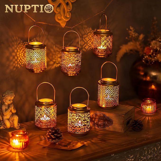 NUPTIO Gold Lanterns for Wedding Centerpieces: 6 Pcs 4.1inch Hanging Metal Tealight Holders Bulk Decorative Mini Tea Lights Indoor Candle Lantern for Thanksgiving Diwali Ramadan Decor (Style 1)