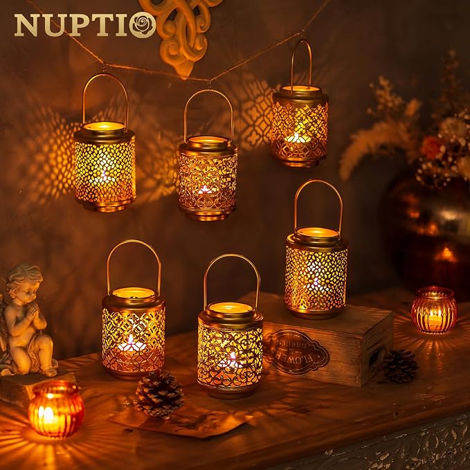 NUPTIO Decorative Candle Lanterns Gold: 2 Pcs Hanging Metal Tea Light Candles Holder 4.1inch Small Vintage Tealight Lantern Centerpiece for Christmas Wedding Party Table Decorations (Style 1)
