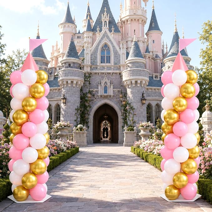 2 Sets Pink Princess Castle Balloon Column Stand Kit with 100 Balloons 2 Tricorne Hat 2 Pennant Pink White Gold Adjustable Balloon Tower Stand with Base for Princess Wedding Birthday Party Supplies