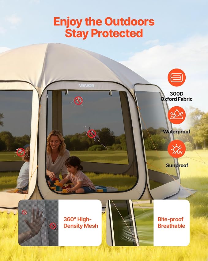 VEVOR Pop up Screen House Tent, 15 x 13.8 ft, 12-15 Person Screen Gazebo, Portable Screened in Canopy with Carry Bag, Netting Sides, Ground Stakes, for Garden, Patio, Backyard, Outdoor Activities