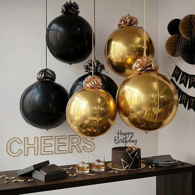6 Pack Black and Gold Balloons, 22 Inch 4D Metallic Orb Hanging Balloons with 12 Pull Ribbon Bows, Ceiling Party Decorations for Birthday, Graduation 2026, Men’s Birthday and Old Money Party Decor