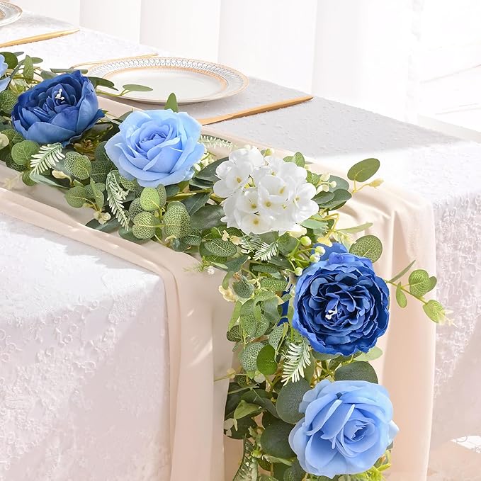 Livole 6 FT Artificial Flower Garland Real Touch Fake Blue Floral Rose Peony Garland with Eucalyptus Flower Hanging Vine for Wedding Table Centerpieces Backdrop Party Arch Home Decorations
