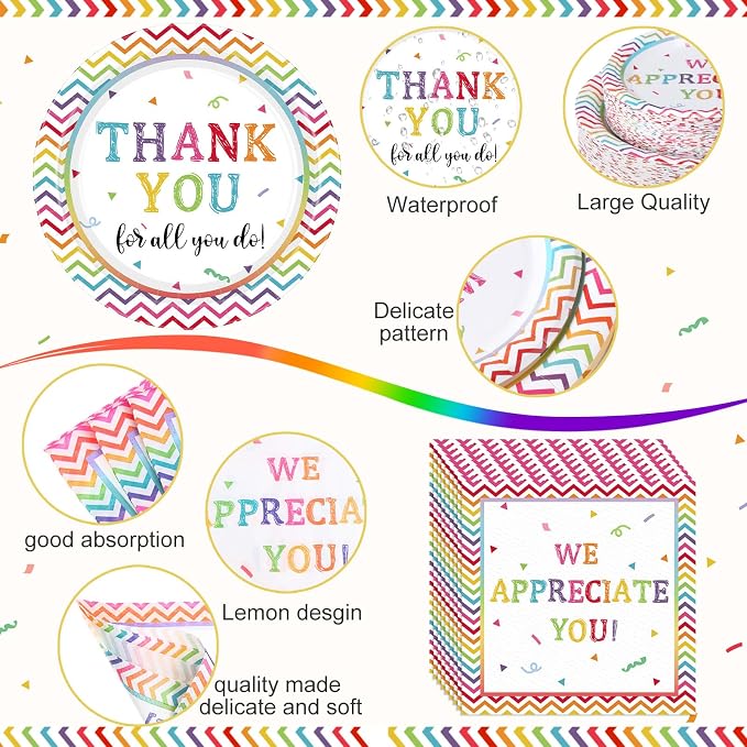 Funnymoom 452 Pcs Thank You Party Decorations for 50, We Appreciate You Paper Plates Napkins Cups Tablecloth Cutlery Straws for Employee Staff Housekeeping Week Pastor Appreciation Party Supplies