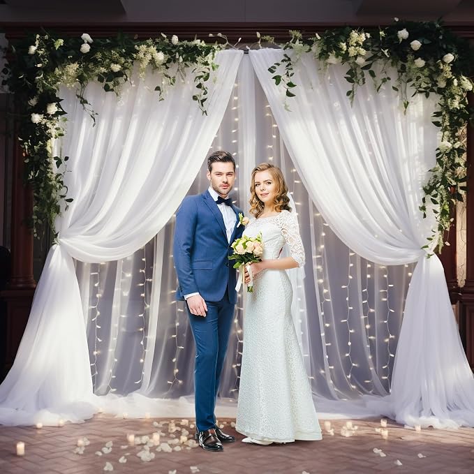 10x10ft White Tulle Backdrop Curtain with Lights String for Parites, Sheer Curtain Backdrop Drapes for Wedding Baby Shower Bridal Shower Birthday Party Photography Background Decoration