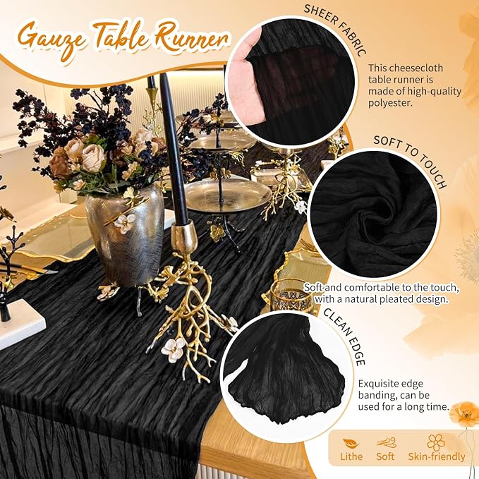30 Pack Black Cheesecloth Table Runner 17 x 108 inch Boho Gauze Table Runner Rustic Sheer Cheese Cloth Table Decorations for Wedding Party Baby Bridal Shower Birthday Holiday Home