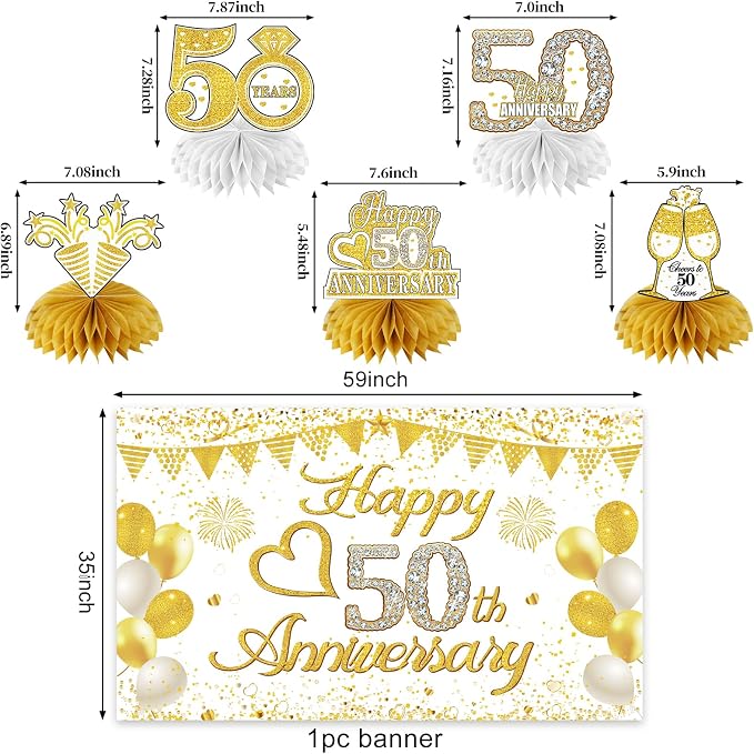 Turypaty Happy 50th Anniversary Decorations Kit, White Gold 50th Wedding Anniversary Party Supplies - Large Happy 50th Anniversary Banner Backdrop, Table Centerpieces, Hanging Swirls, Paper Pompoms
