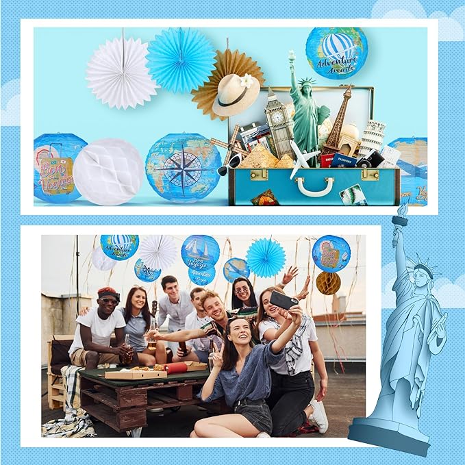 Baquler 18 Pcs Travel Party Party Decoration Around The World Bon Voyage Hanging Paper Lantern Let The Adventure Begin Fans Honeycomb Ball for Birthday Baby Shower Ceiling Decor Supplies