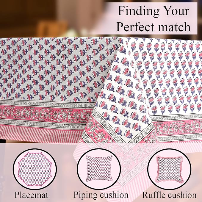 CPC Tablecloth 100% Cotton 60x60 Inch Indian Block Print Square Table Cover, Table Cloth for Weddings, Spring/Summer, Barbeque - Pink Sapphire