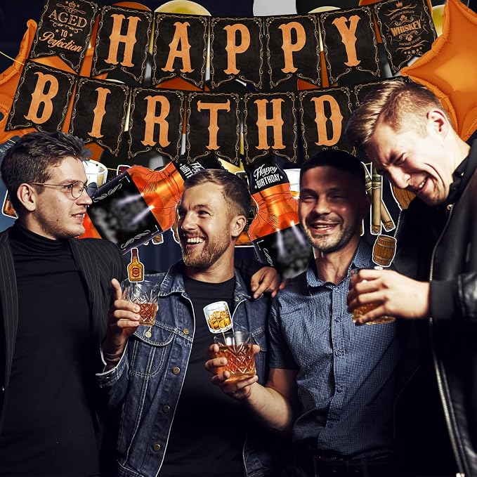 BORAMDO Whiskey Birthday Party Decorations for Men - Aged to Perfection Supplies including Birthday Banner, Cake Toppers, Foil Balloons, Tissue Paper Flowers (brown)