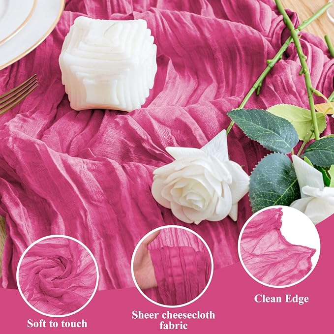 Wokceer Cheesecloth Table Runner 4Pack 10FT Deep Pink Boho Gauze Cheese Cloth Table Runner for Party Long Rustic Sheer Table Runners for Baby Bridal Shower Wedding Easter Table Decor