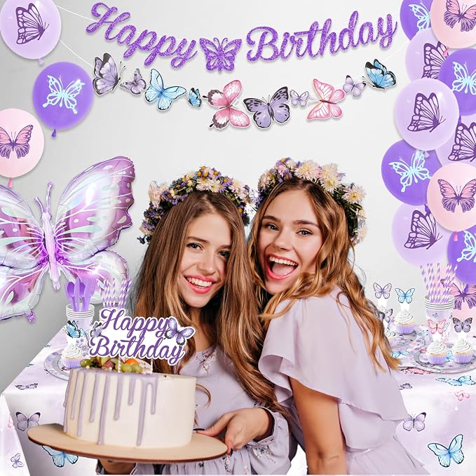 Butterfly Birthday Decorations, Butterfly Decorations Purple Birthday Decorations Tableware, 163 Pcs Butterflies Decorations for Girls, Serves 16