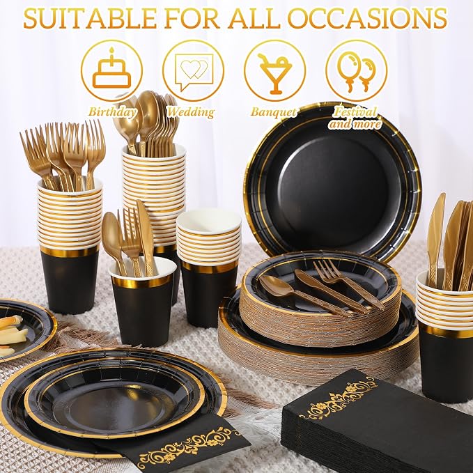 350 Pcs Black and Gold Plastic Plates Disposable Graduation Party Dinnerware Set for 50 Guests 9'' Dinner Silverware 7'' Dessert Plates Cups Napkins Knives Forks Spoons for Wedding Birthday Retirement