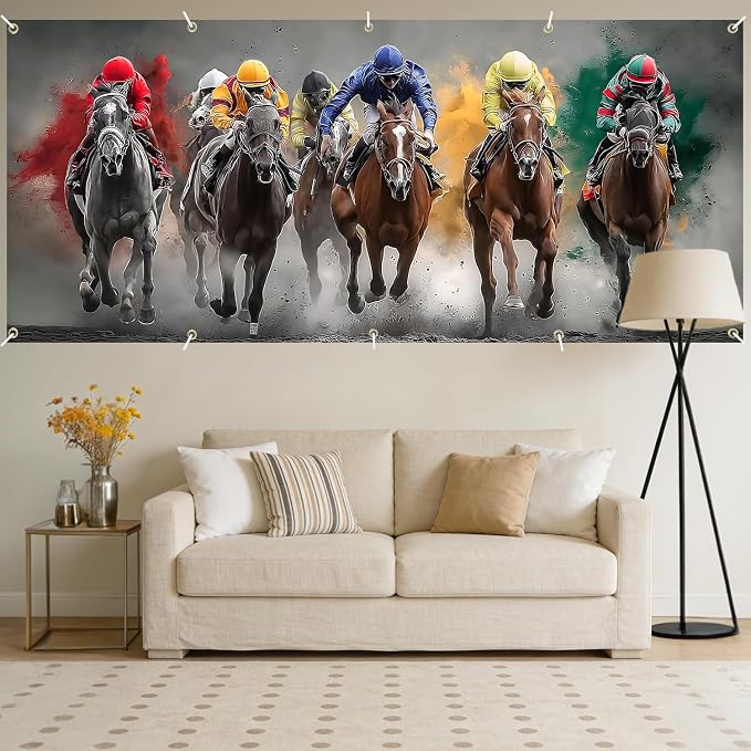 Horse Racing Garage Door Banner Cover 7x16FT Waterproof –Kentucky Derby Backdrop with Jockeys,Indoor Outdoor Decor for Derby Party,Sports Events,Photo Booth & Race Day Celebration