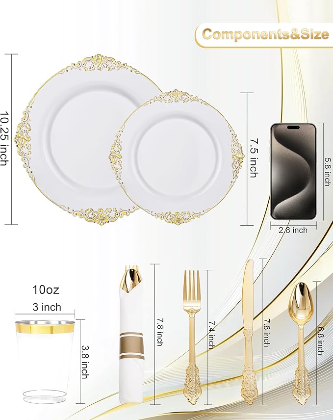 Nervure 175PCS White and Gold Plastic Plates - Disposable Dinnerware Set Include 50 Gold Plates for Dinner and Dessert, 75 Cutlery, 25Cups 25Napkins for Wedding & Party & Mothers Day