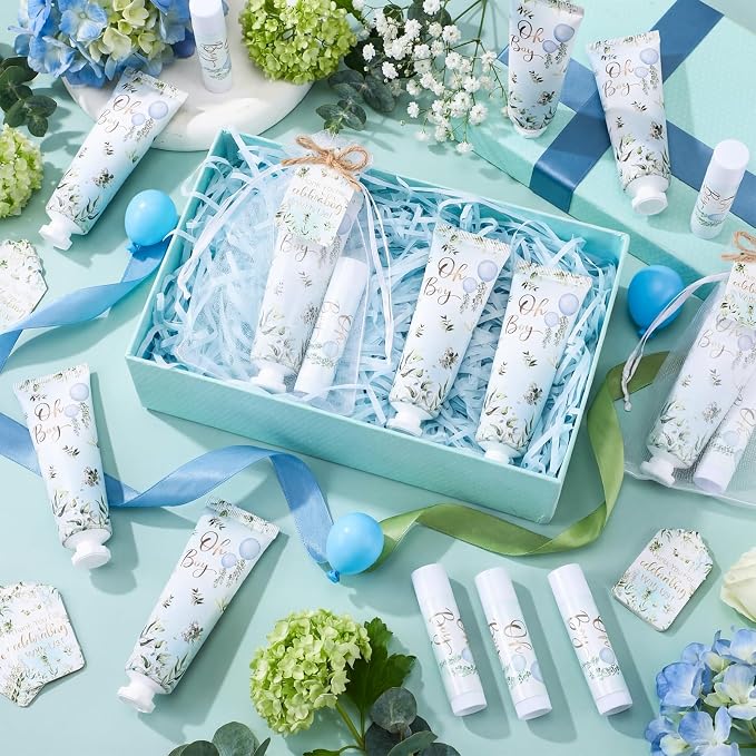 Lounsweer 24 Sets Oh Boy Baby Shower Hand Cream and Lip Balm Gift Blue Balloon Baby Shower Party Favors for Guest Greenery Boy Travel Size Hand Lotion and Lip Balm Birthday Party Supplies