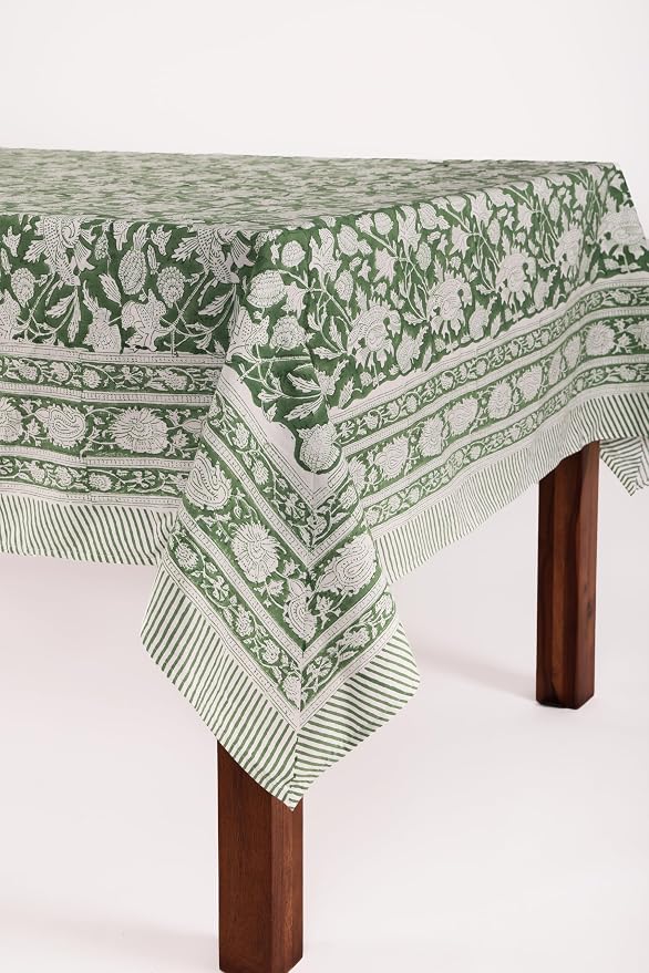 ATOSII Meraki Green 100% Cotton Fall Tablecloth, Handblock Print Rectangle Table Cover for Kitchen Dining Linen I Parties, Thanksgiving, Christmas, Wedding, Table Cloth I 72 X 108 Inches I 8 Seater