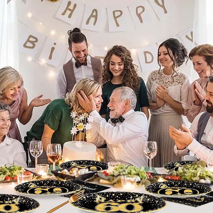 96Pcs 60th Birthday Party Decorations Vintage 1966 Birthday Plates and Napkins Black and Gold Tableware Sets Cheers to 60 Years Decorations for Mens Womens 60 Year Old Party Father's Day Serves 24