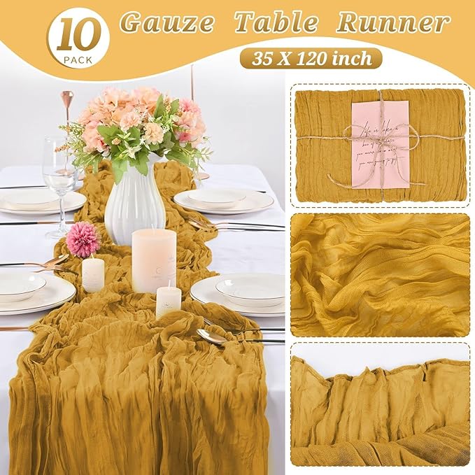 10 Pcs Mustard Cheesecloth Table Runner 10FT, Gauze Table Runner for Wedding Reception Sheer Bridal Shower Birthday Party Boho Table Decoration, Rustic Romantic Wedding Runner