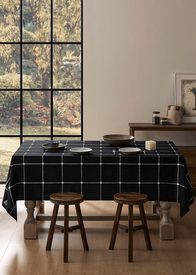 ZeeMart Grid Embroidered Hemmed Tablecloths, Black 60x104 Inch, Farmhouse Style Heavy Weight Cotton Linen Black Tablecloths, Boho Plaid Water Resistant Rectangle Table Cloth