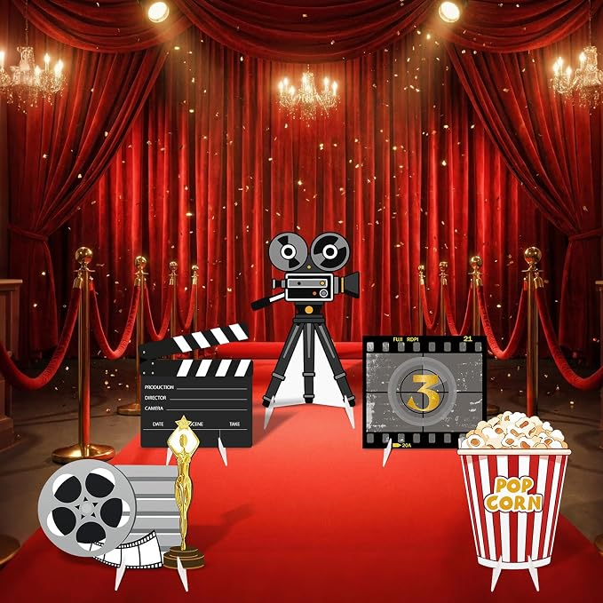 5 Pcs Large Movie Night Party Decorations, Classic Movie Cardboard Cutouts Standup, Popcorn Film Camera Clapperboard Lawn Yard Sign for Theater Theme Indoor Outdoor Birthday Photo Prop