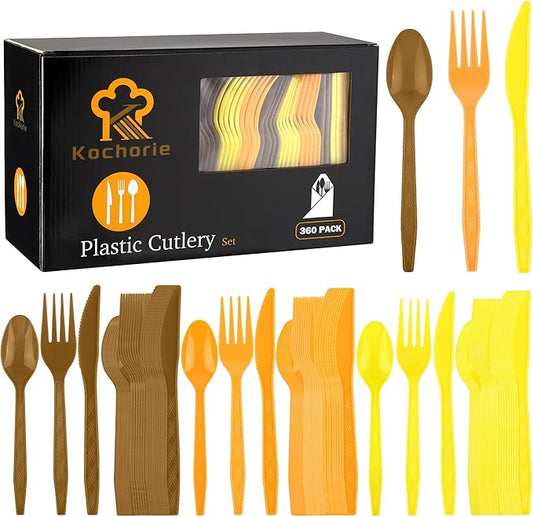 Kochorie 360 Piece Thanksgiving Plastic Cutlery Set Disposable Colorful Plastic Utensils Heavy Duty Flatware Set Include Orange Yellow Brown Knives Forks Spoons for Thanksgiving Party Wedding Birthday