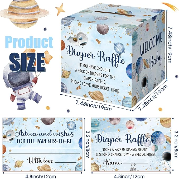 Teling 51 Pieces Diaper Raffle Tickets with Card Box Baby Shower Decorations Baby Shower Holder Box for Girl Boy Diaper Raffle Party(Outer Space)