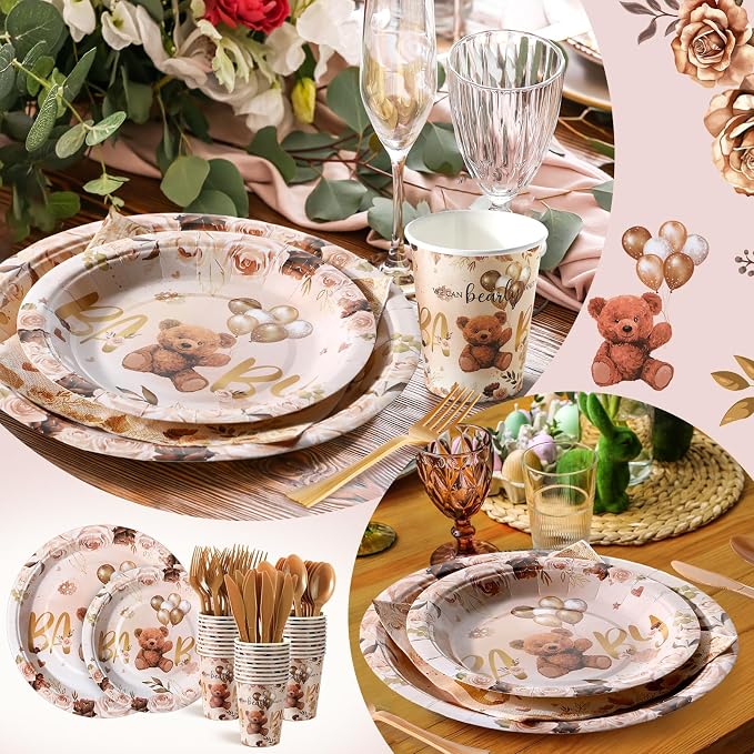 FillTouch 350 Pcs We Can Bearly Wait Bear Plates Baby Shower Party Supplies Set Disposable Paper Plates Napkins Cups Knives Forks Spoons for 50 Guests Baby Shower Party Birthday