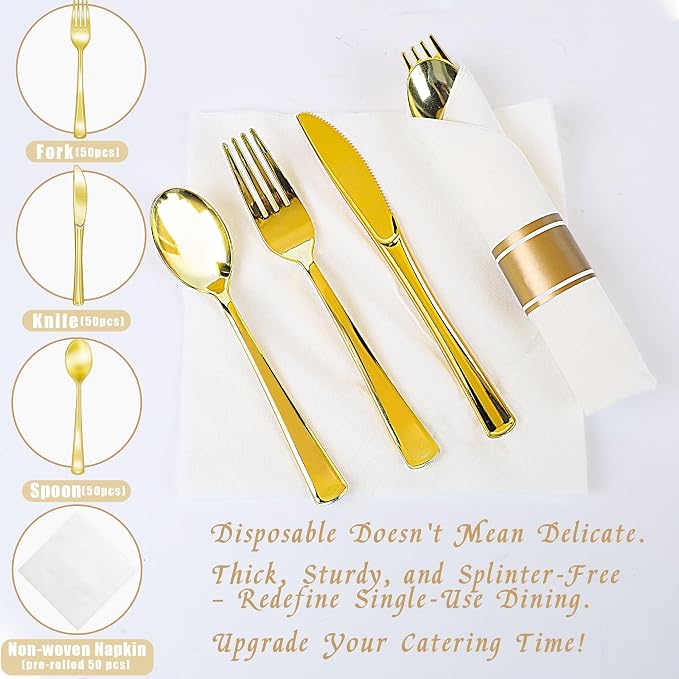 Zcaukya 200PCS Disposable Pre-wrapped Silverware for 50 Guests, Elegant Gold Plastic Dinnerware Utensil Set for Birthday Parties Weddings, with 50 Napkins, 50 Forks, 50 Knives, 50 Spoons